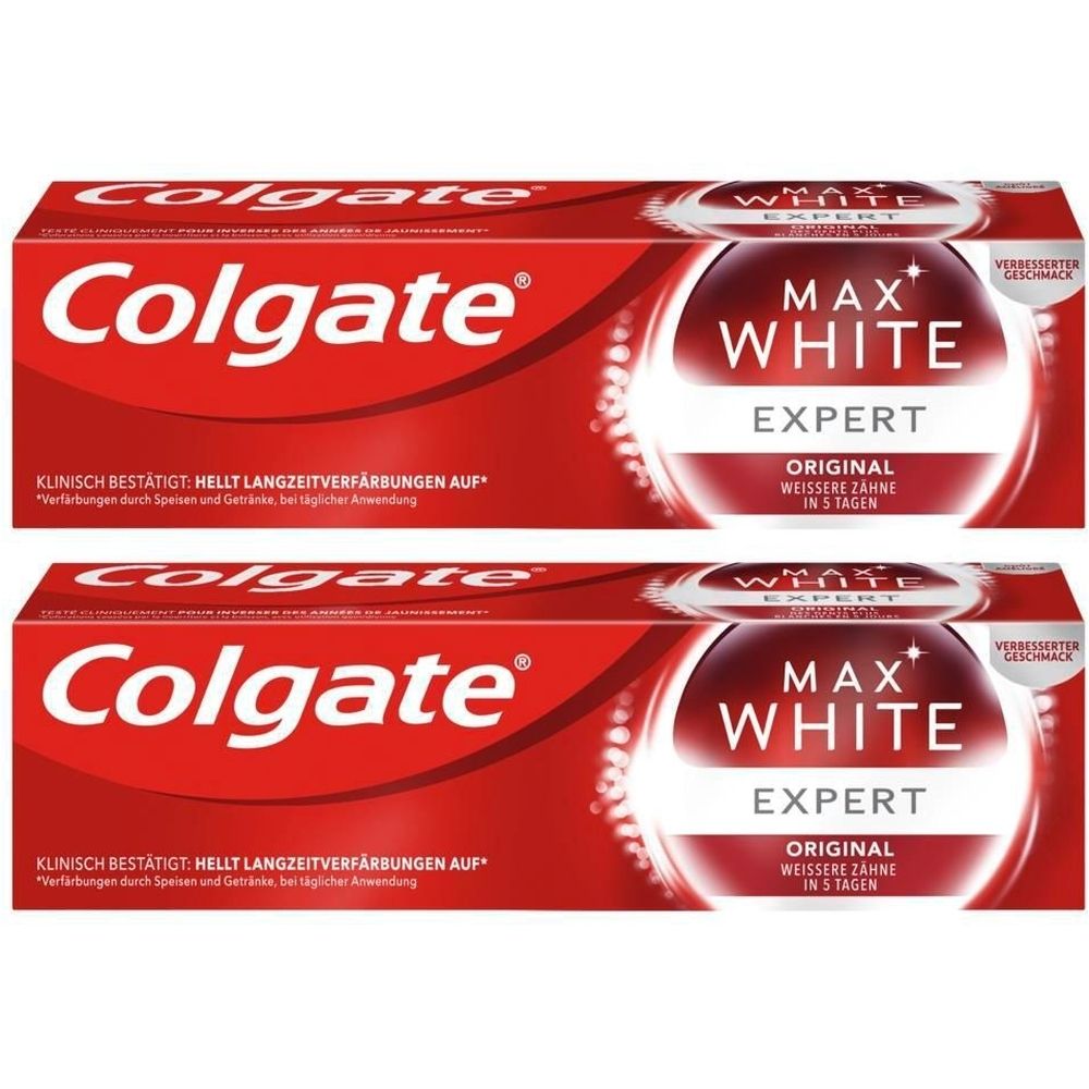 Zwei rote Kartons mit Colgate-Logo und „Max White Expert“-Schriftzug. Aufschrift: „Original weißere Zähne in 5 Tagen“.