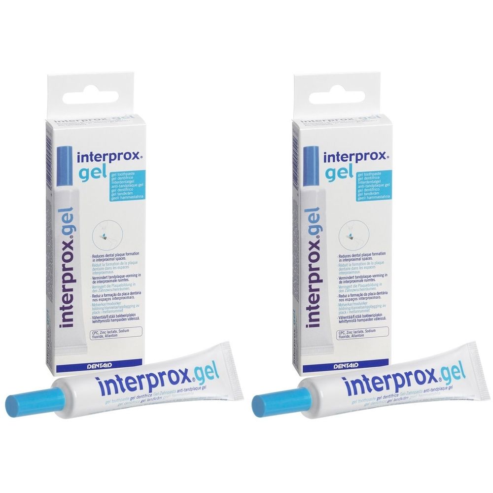 Zwei Packungen und zwei Tuben interprox.gel. Die Verpackungen sind weiß mit blauer Schrift. Die Tuben sind weiß mit blauem Verschluss.