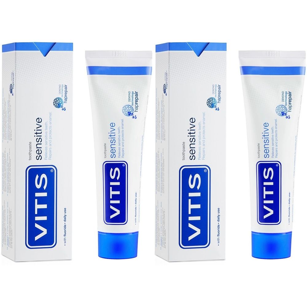 Zahncreme und Verpackung. Weiße Tube mit blauem Verschluss und Schriftzug VITIS sensitive. Karton mit gleichem Design.