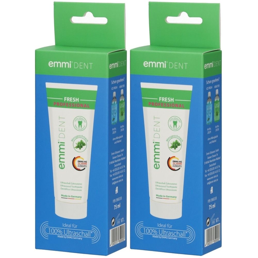Zwei Zahnpasta-Tuben in Kartons. Aufschrift: emmi-dent, FRESH PROFESSIONAL. Grün-weiße Tuben, blaue Kartons. Ideal für 100% Ultraschall.