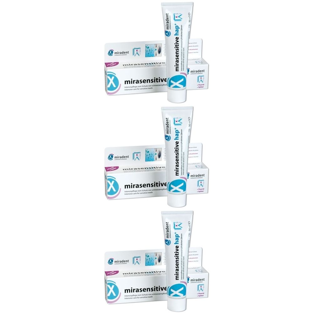 Drei Tuben und Schachteln Zahnpasta. Auf den Tuben steht „mirasensitive hap“. Die Schachteln zeigen „mirasensitive“.