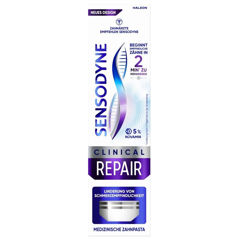 Sensodyne Clinical Repair medizinische Zahnpasta mit 5% Novamin. Lindert Schmerzempfindlichkeit. Neue Designverpackung.