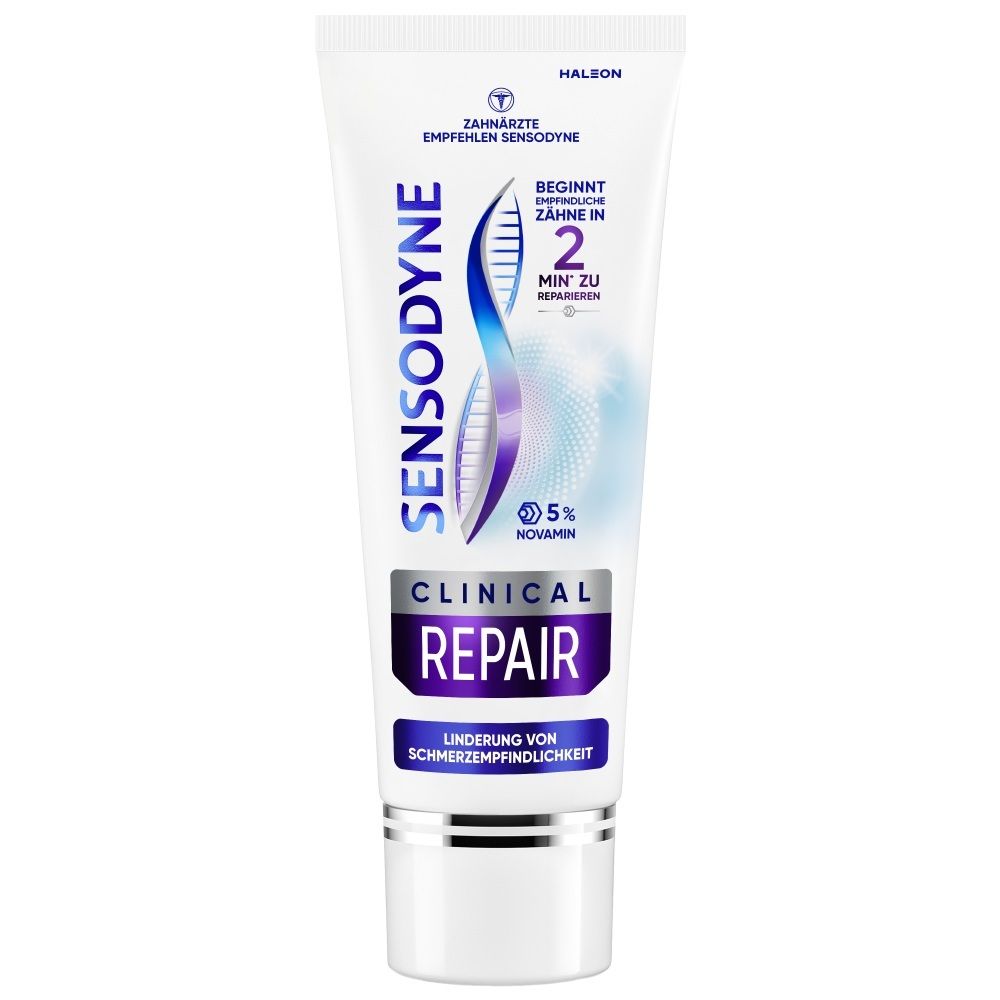 Sensodyne Clinical Repair Zahnpasta-Tube mit silbernem Verschluss. Enthält 5% Novamin.