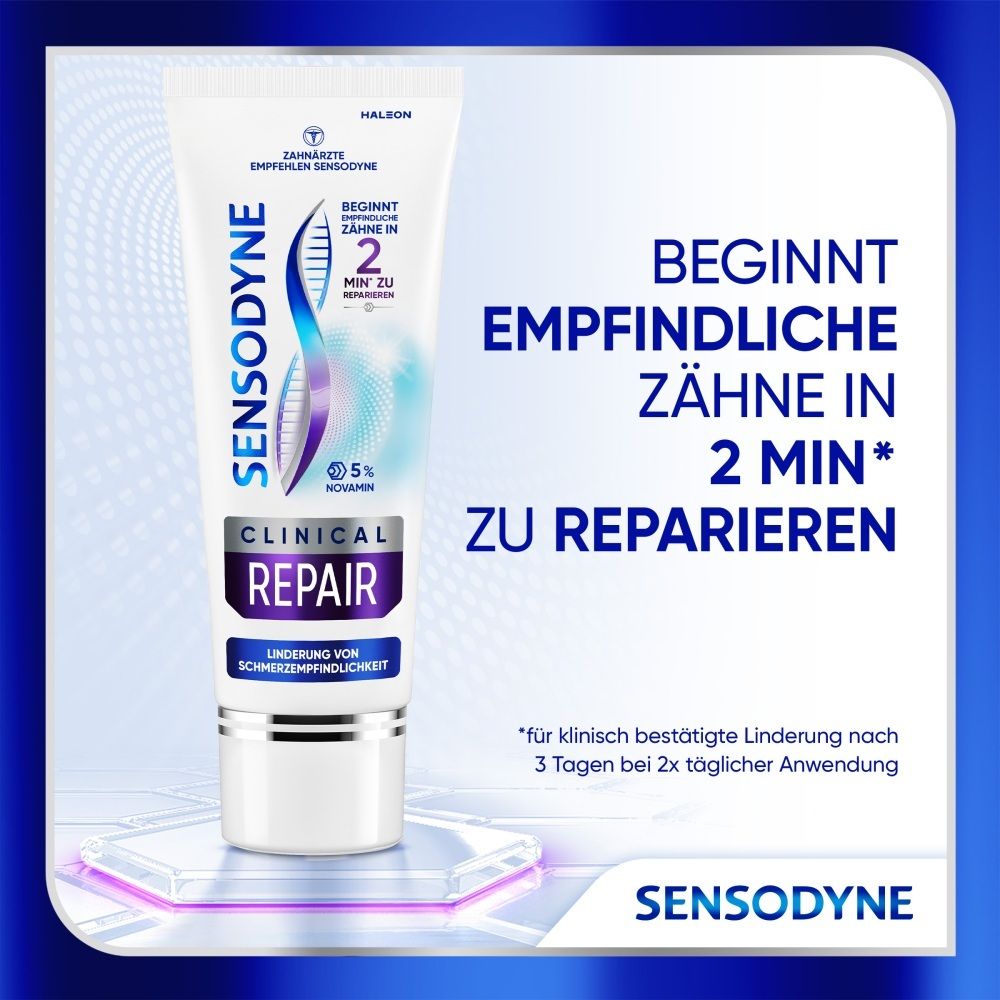 Sensodyne Zahnpasta Tube mit Aufschrift 'Clinical Repair'. Repariert empfindliche Zähne in 2 Minuten.