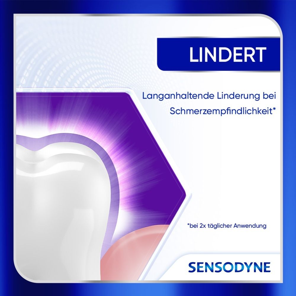 Sensodyne Lindert Zahnpasta Packung mit Zahnabbildung und lila Strahleneffekt.