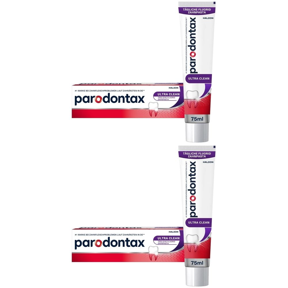 Zwei Tuben und Schachteln Zahnpasta. Aufschrift: parodontax Ultra Clean. 75ml. Weiße Tuben mit roter und violetter Schrift.