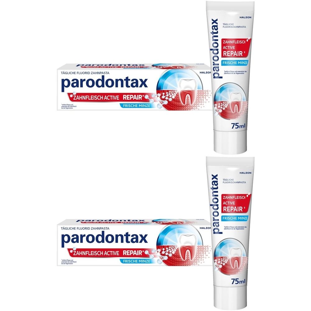 Zwei Tuben und eine Schachtel parodontax Zahnpasta. Aufschrift: Zahnfleisch Active Repair, frische Minze. 75ml.