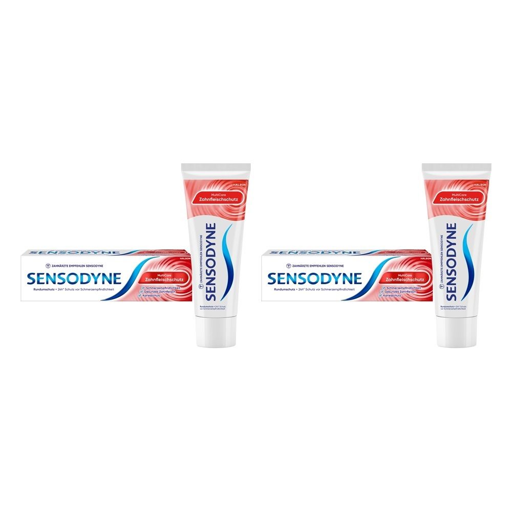 Zwei Tuben und Schachteln Sensodyne Zahnpasta mit rotem Design. 24h Schutz für gesunde Zähne.