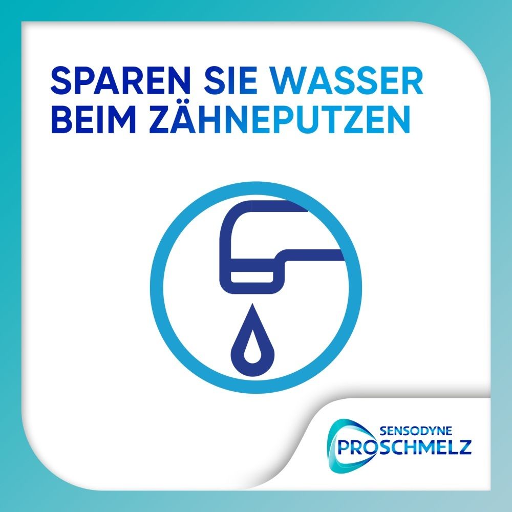 Symbol eines Wasserhahns mit einem Tropfen, der auf Wassereinsparung beim Zähneputzen hinweist.
