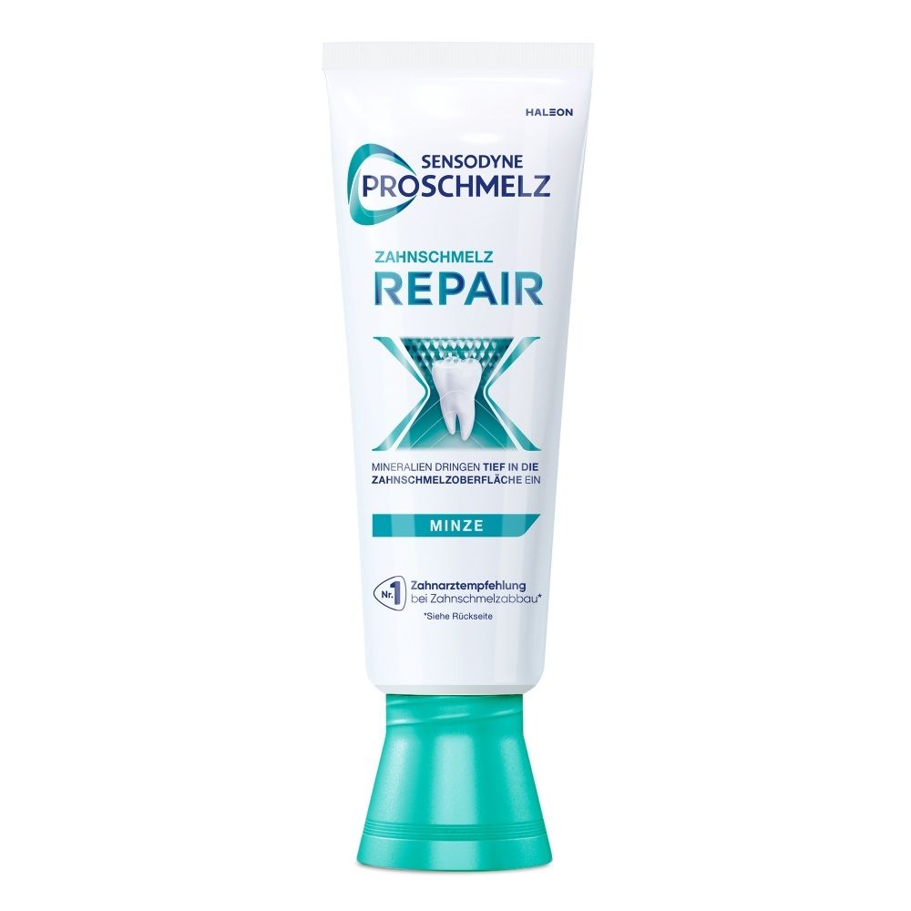 Sensodyne ProSchmelz Repair Zahnschmelz Minze Zahnpasta-Tube mit Zahnabbildung.