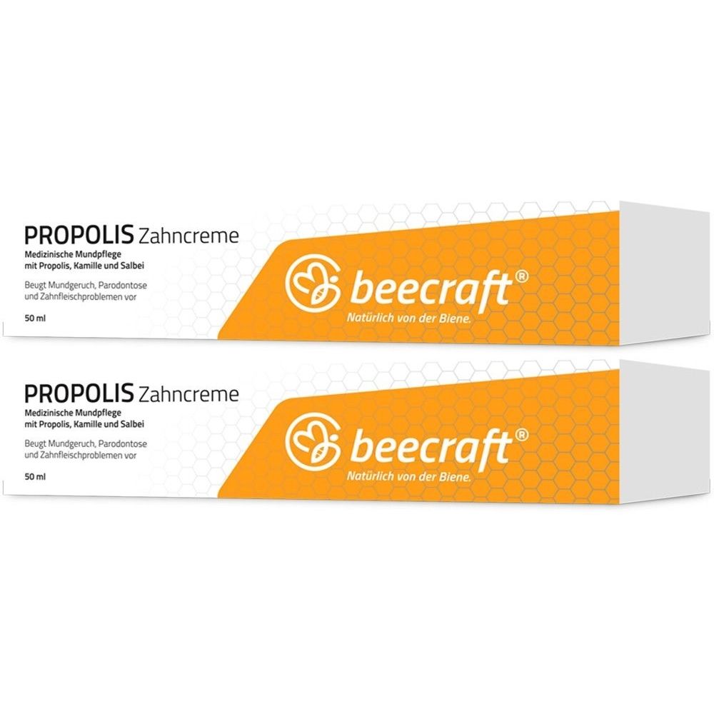 Zwei Tuben beecraft® Propolis Zahncreme. Orangefarbenes Design mit weißer Schrift. Produktname und Marke deutlich sichtbar.