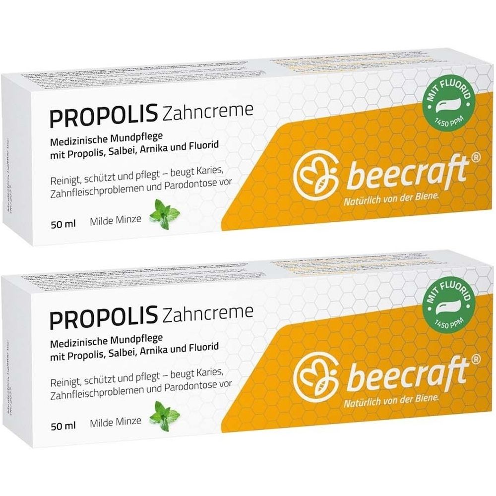 Zwei Schachteln beecraft Propolis Zahncreme. Aufschrift: Propolis Zahncreme, medizinische Mundpflege, mit Fluorid. 50 ml, milde Minze.