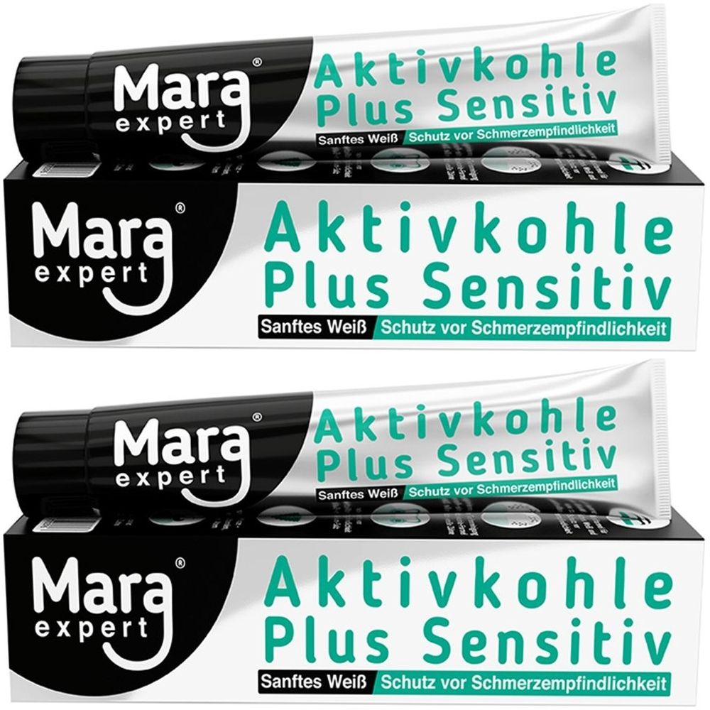 Zwei Tuben und Schachteln. Auf den Tuben und Schachteln steht: Aktivkohle Plus Sensitiv. Marke: Mara expert.