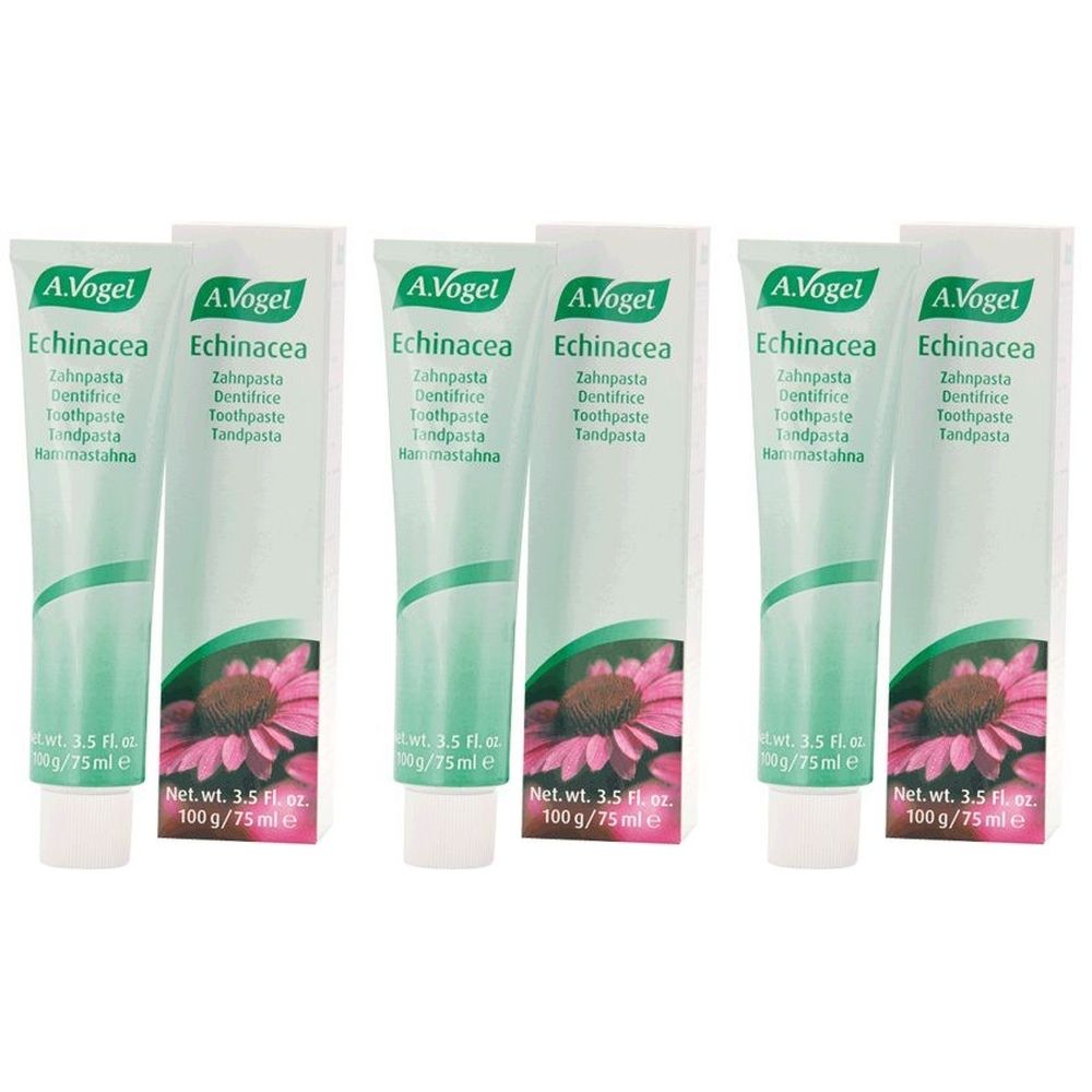Mehrere Tuben Zahnpasta. Auf jeder Tube steht "A. Vogel Echinacea". Die Verpackung zeigt eine Blüte.