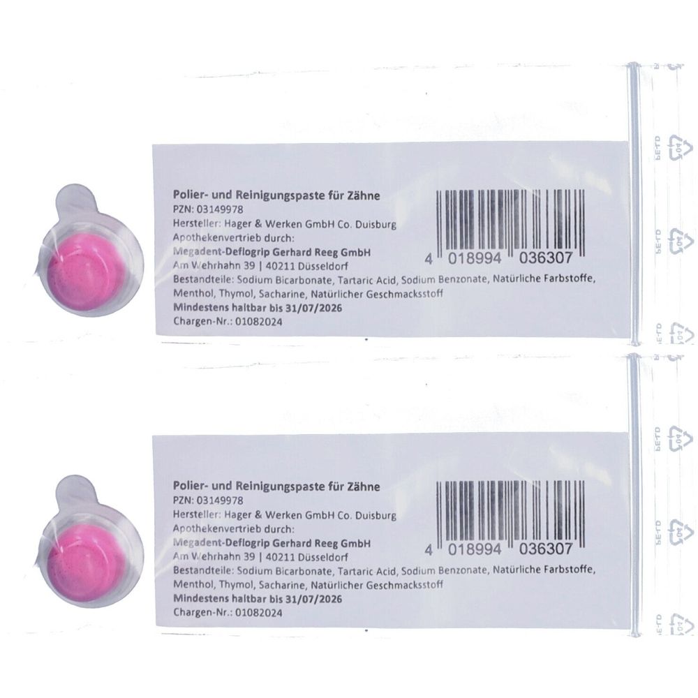 Zwei Blisterpackungen mit rosa Paste für Zähne. Aufschrift: Polier- und Reinigungspaste. Barcode und Textinformationen.