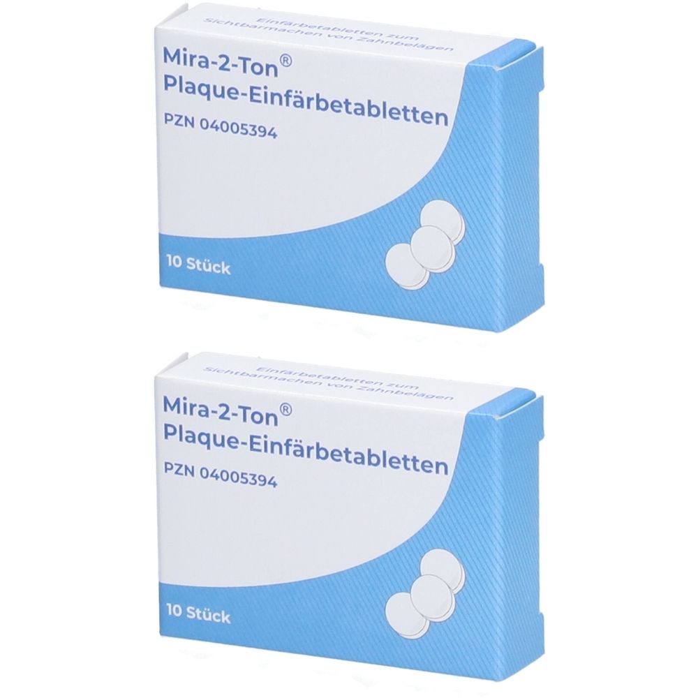 Zwei Schachteln mit Mira-2-Ton Plaque-Einfärbetabletten. Aufschrift: 10 Stück. Blaue und weiße Verpackung mit Produktnamen und PZN-Nummer.