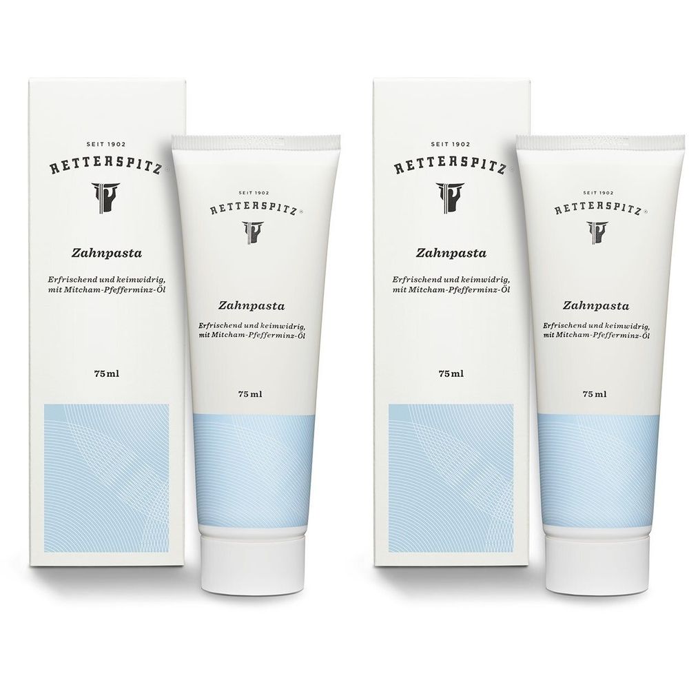 Zahnpasta-Tuben und Verpackungen. Weiße Tuben mit blauer Schrift und Verpackungen. Text: RETTERSPITZ, Zahnpasta, 75ml.