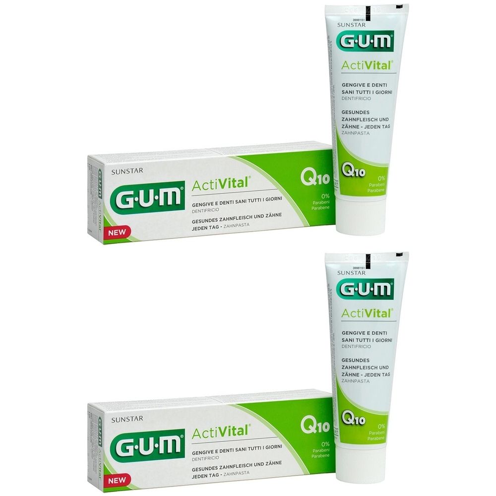 Zwei Tuben und Schachteln Zahnpasta. Aufschrift: GUM ActiVital, Q10. Grün-weißes Design. Neu-Label.