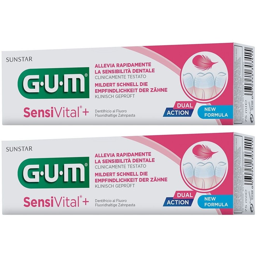 Zwei Tuben GUM SensiVital+ Zahnpasta. Weiß, mit grüner und pinkfarbener Schrift. Aufschrift: Dual Action, New Formula. Abbildung von Zähnen.