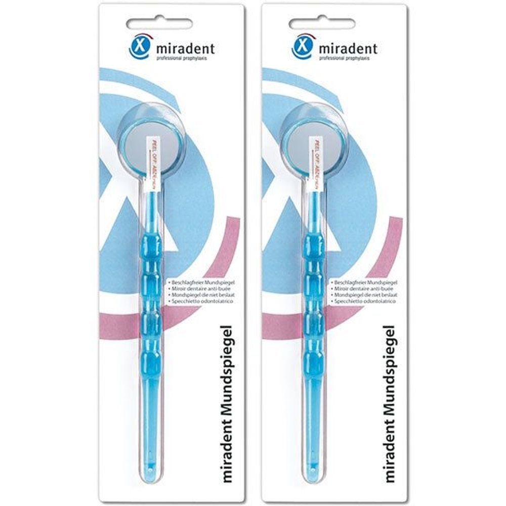 Zwei transparente blaue Mundspiegel auf Verpackung. Marke: miradent. Spiegel mit Griff, runde Spiegelfläche.