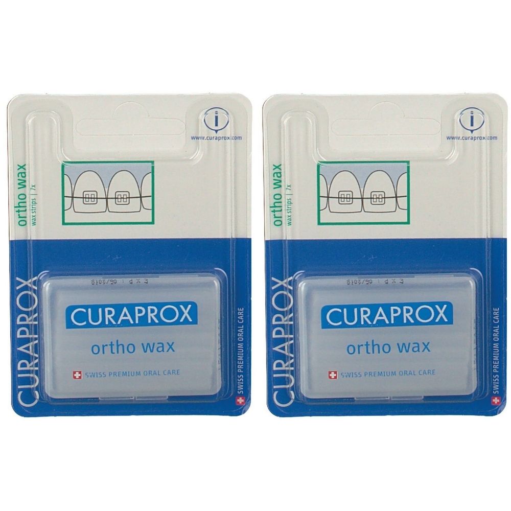 Zwei Packungen Curaprox ortho wax. Jede Packung enthält eine transparente Wachsbox in einer Blisterverpackung. Aufdruck: Curaprox, ortho wax.
