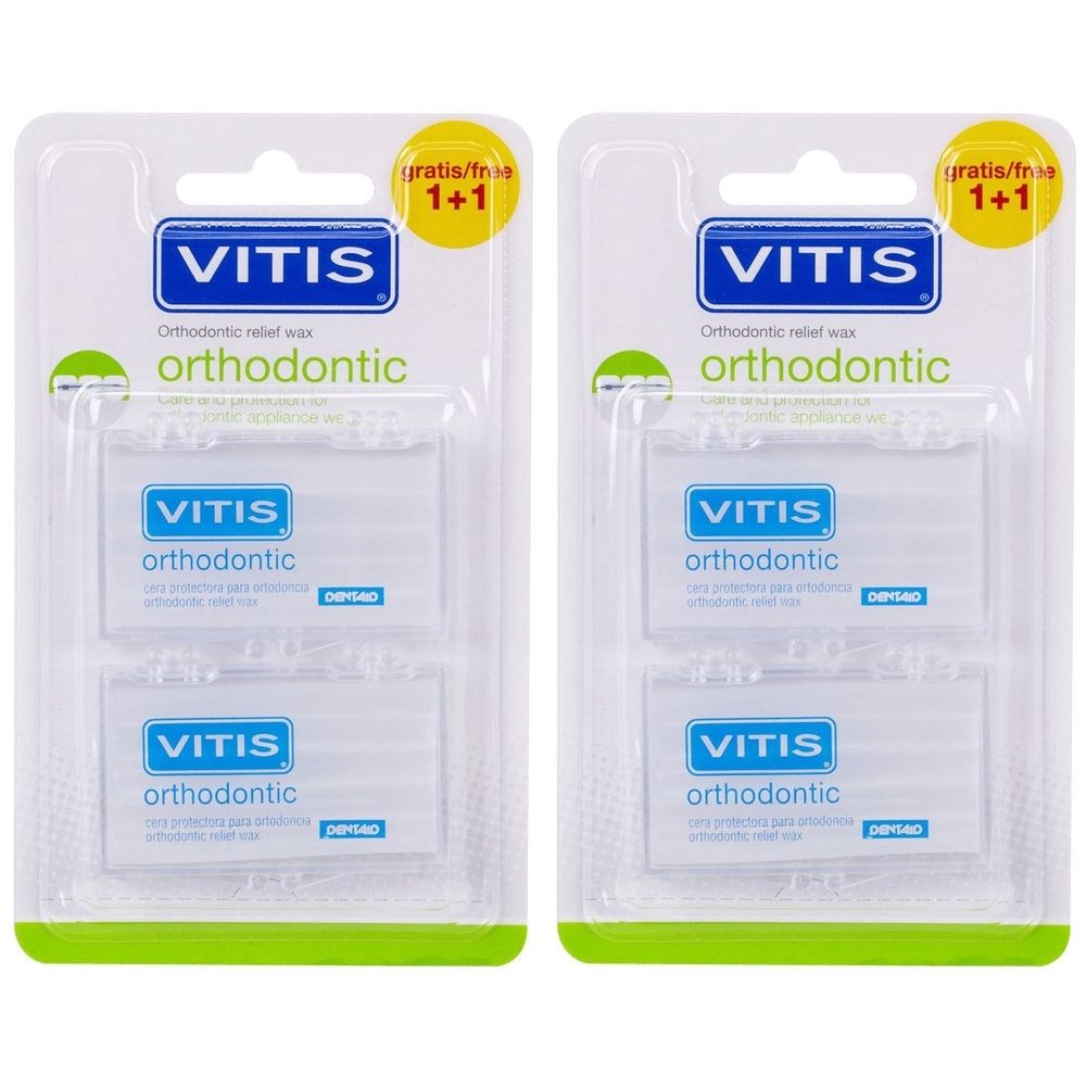 Zwei Packungen VITIS® orthodontic Wachs. Jede Packung enthält zwei Blöcke Wachs. Verpackung mit 1+1 Gratis-Aufkleber.