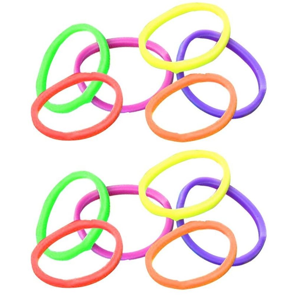 Mehrfarbige, ovale Gummiringe. Farben: rot, orange, gelb, grün, pink und violett. Mehrere Ringe überlappen sich.