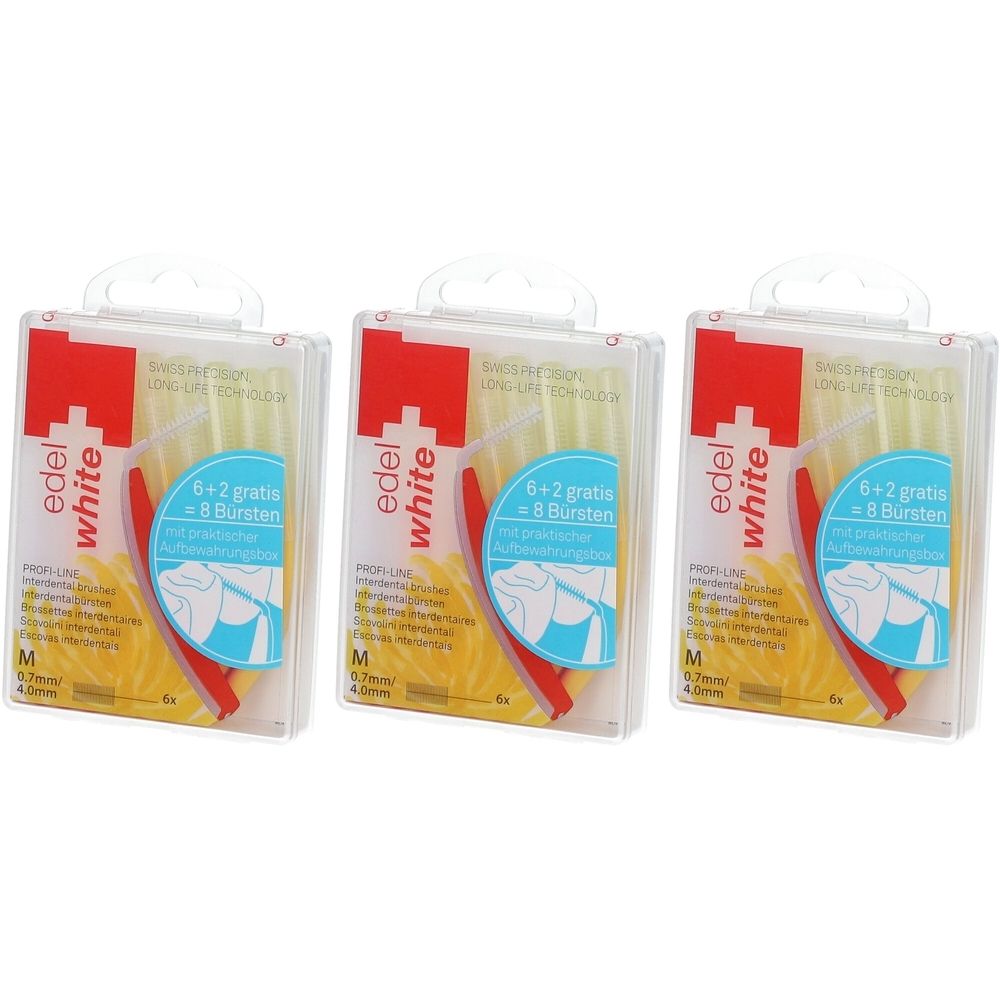 Drei Packungen Interdentalbürsten. Jede Packung enthält Bürsten in transparenten Kunststoffverpackungen. Aufdrucke: "edel white", "6+2 gratis".