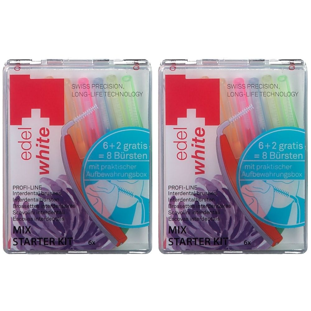 Zwei Packungen edel white PROFI LINE Interdentalbürsten Mix Starter Kit. Klarsichtverpackung mit farbigen Bürsten. Text: 6+2 gratis = 8 Bürsten.
