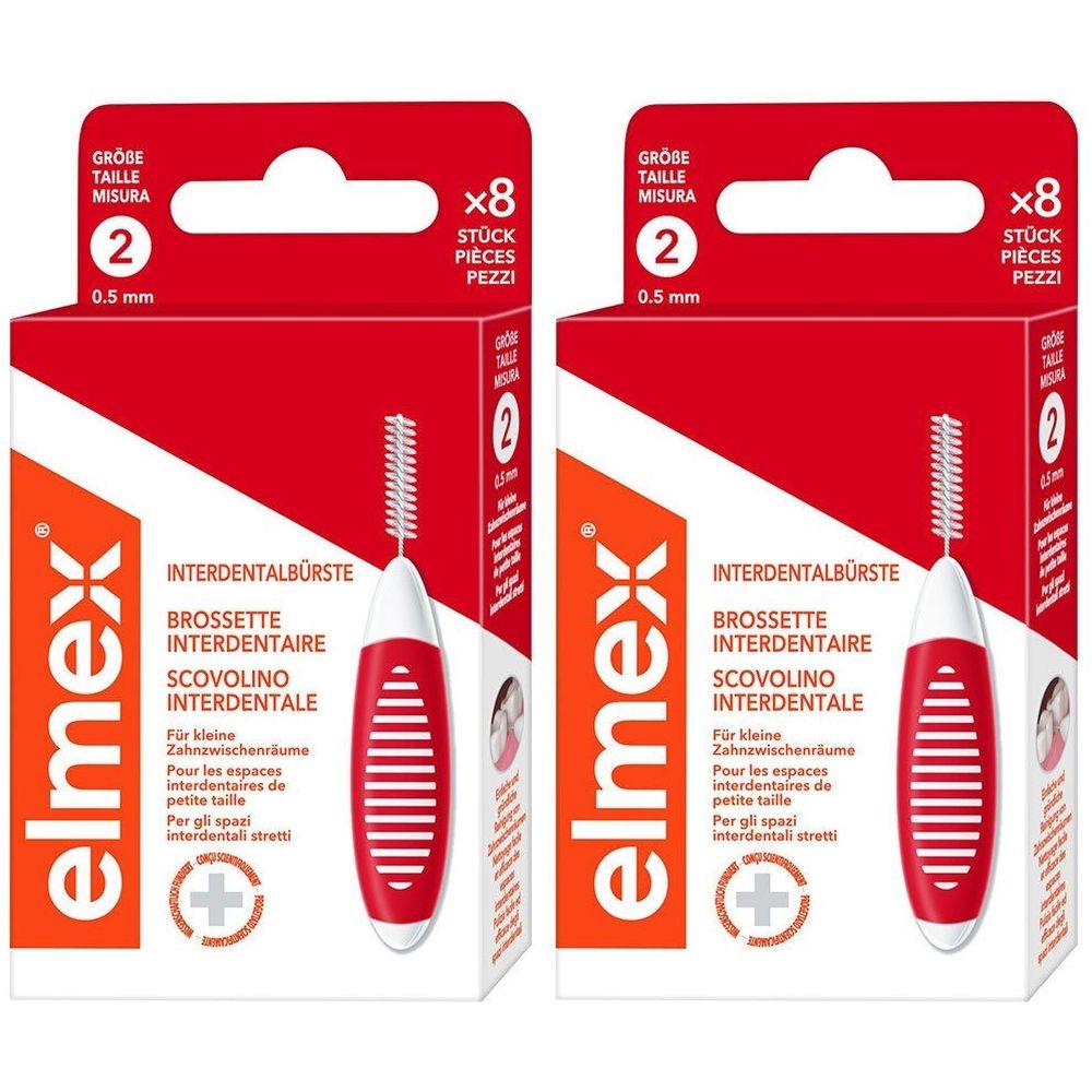 Zwei Packungen Interdentalbürsten. Rote Griffe, weiße Borsten. Größe 2, 0,5 mm. Elmex-Logo. Verpackung mit x8 Stück.