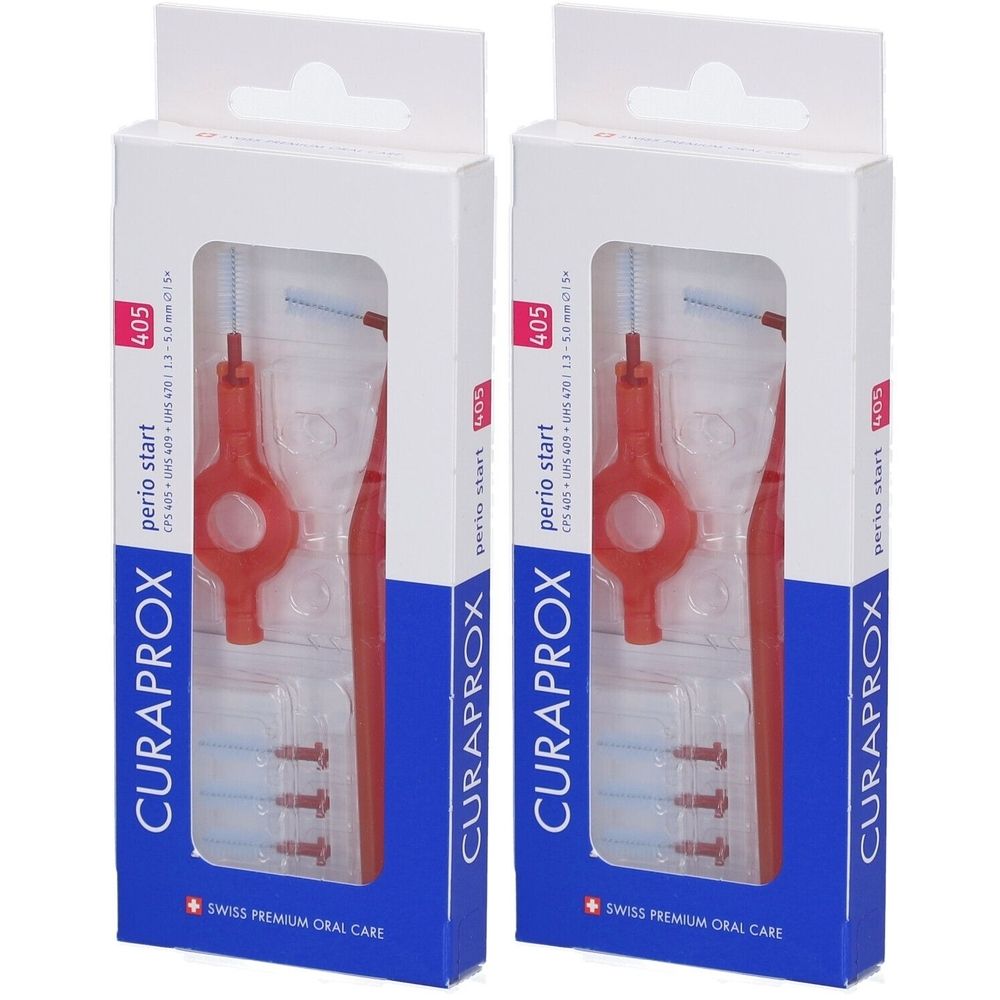 Zwei Packungen mit Interdentalbürsten. Jede Packung enthält rote Bürsten und blaue Bürstenköpfe. Auf der Verpackung steht CURAPROX und perio start.