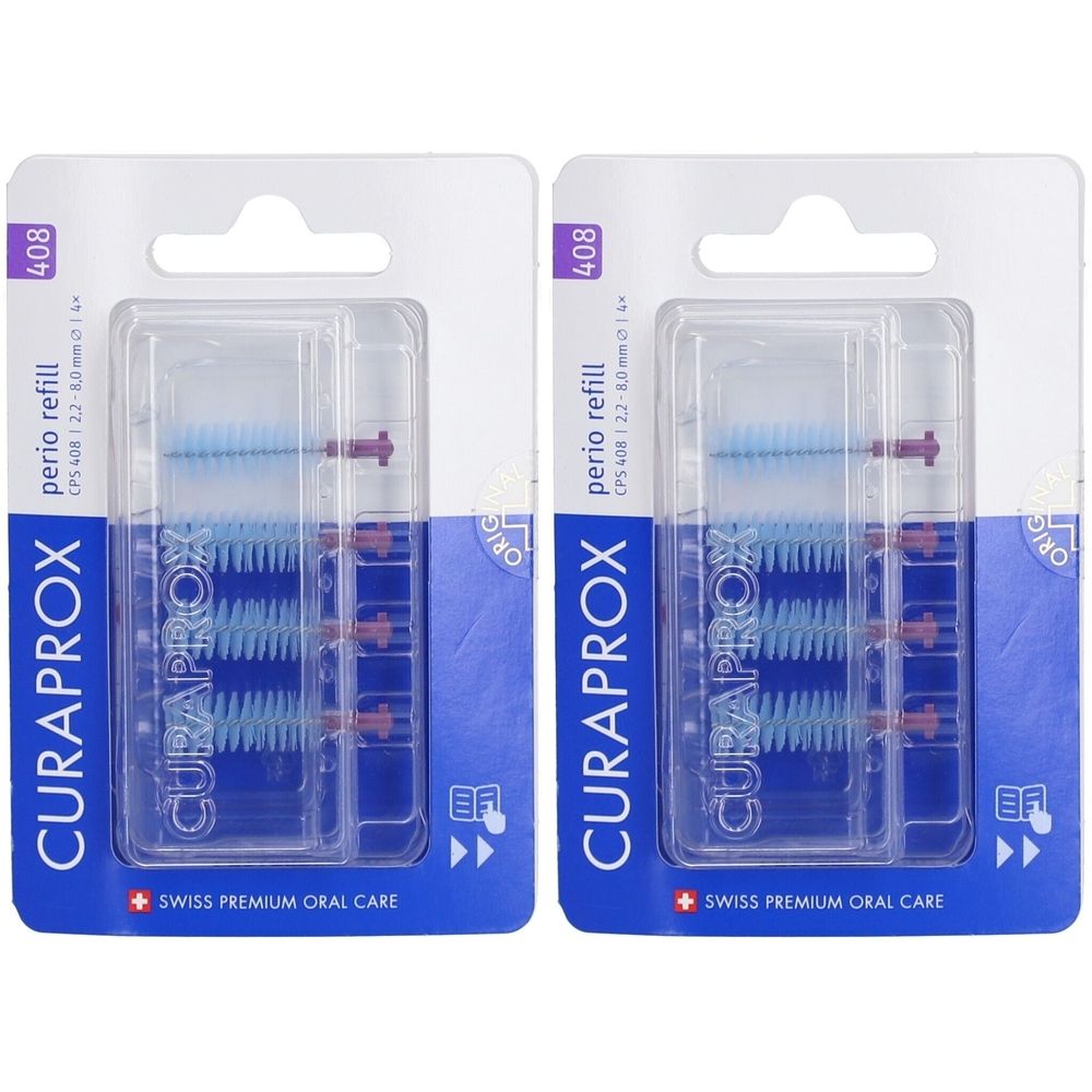 Zwei Blisterpackungen mit Curaprox Perio Refill. Jede Packung enthält blaue Bürstenköpfe mit roten Haltern. Aufschrift: Swiss Premium Oral Care.