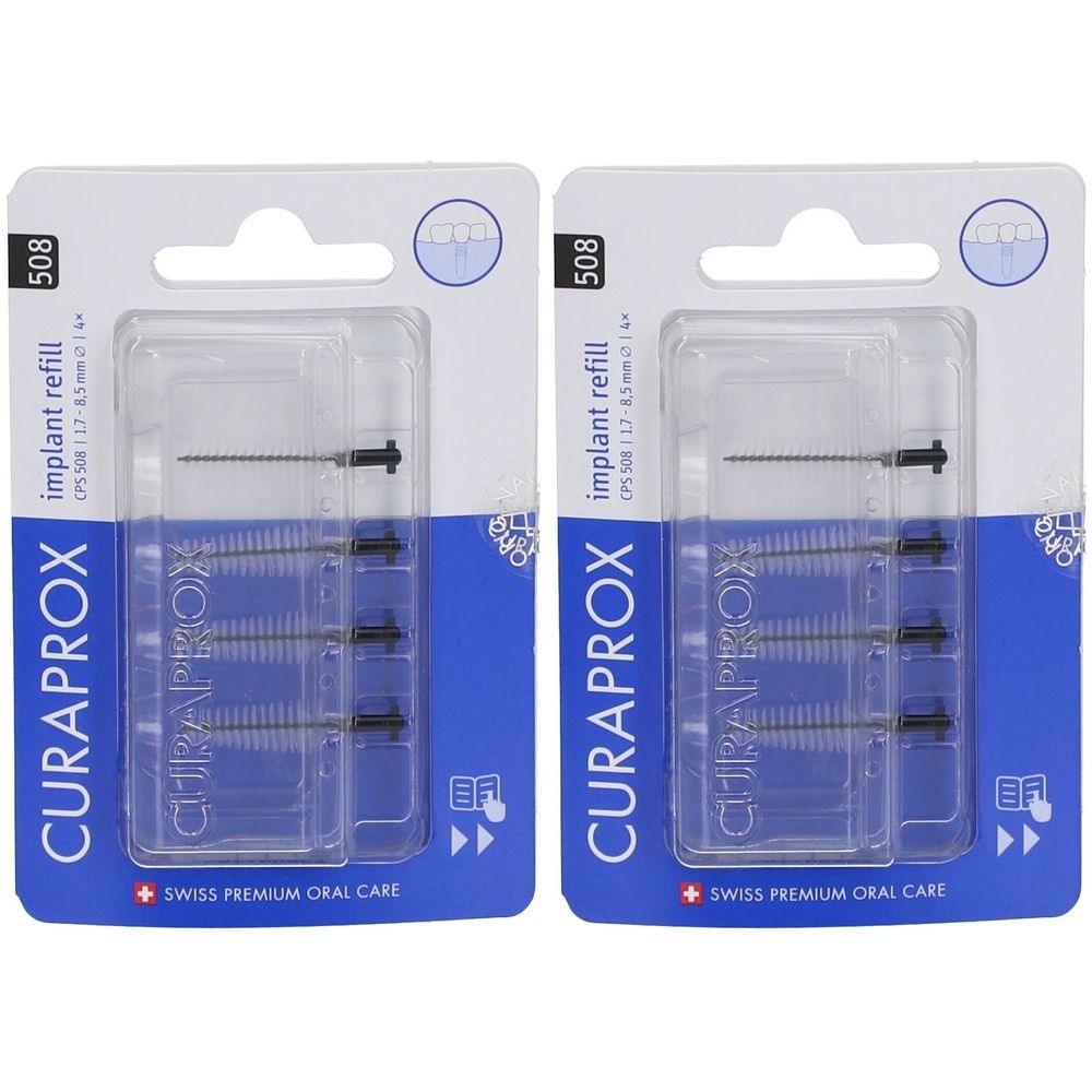 Zwei Packungen CURAPROX CPS 508 Implant Refill. Jede Packung enthält vier kleine Bürsten mit schwarzen Griffen. Blaue Verpackung.