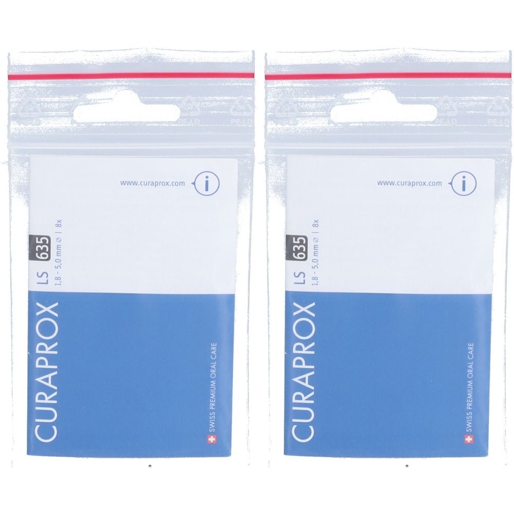 Zwei transparente Beutel mit Produktverpackung. Aufschrift: CURAPROX, LS 635, Swiss Premium Oral Care. Blaue und weiße Elemente.