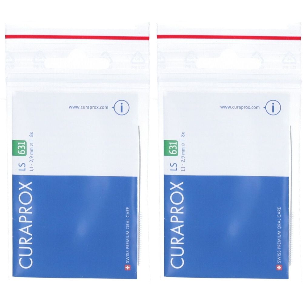 Zwei transparente Beutel mit blauen und weißen Etiketten. Aufschrift: CURAPROX, LS 631, 1,1-2,9 mm. Swiss Premium Oral Care.