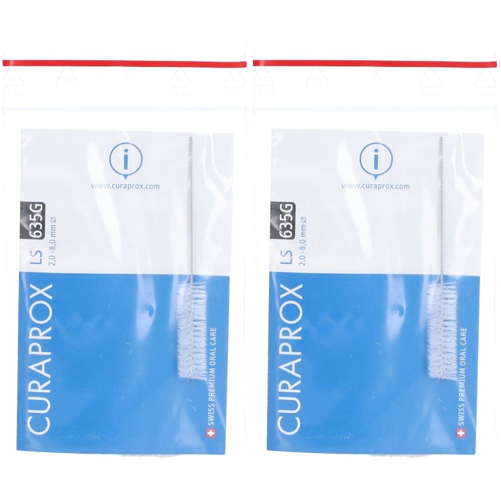 Zwei verpackte Interdentalbürsten. Auf der Verpackung steht CURAPROX, LS 635G, 2.0-8.0 mm und Swiss Premium Oral Care. Die Verpackung ist weiß und blau.
