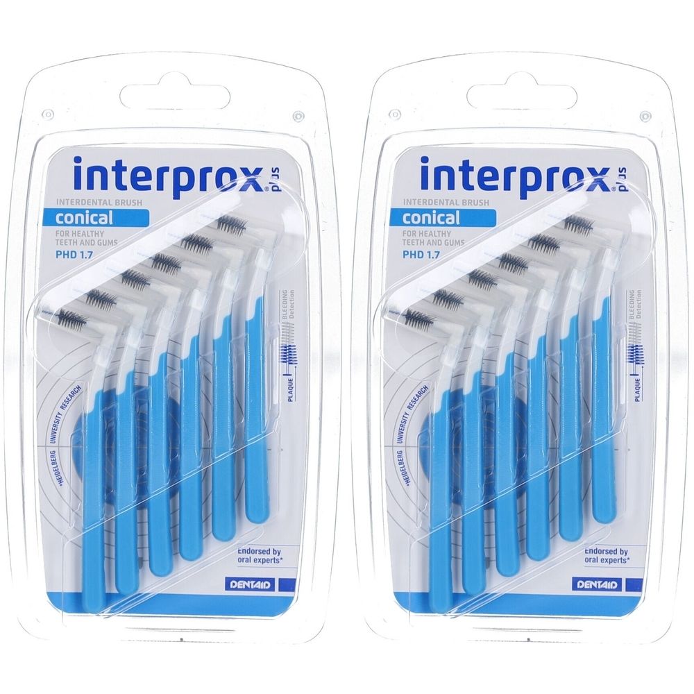 Zwei Blisterpackungen mit blauen, konischen Interdentalbürsten. Aufschrift: interprox, conical, PHD 1.7.