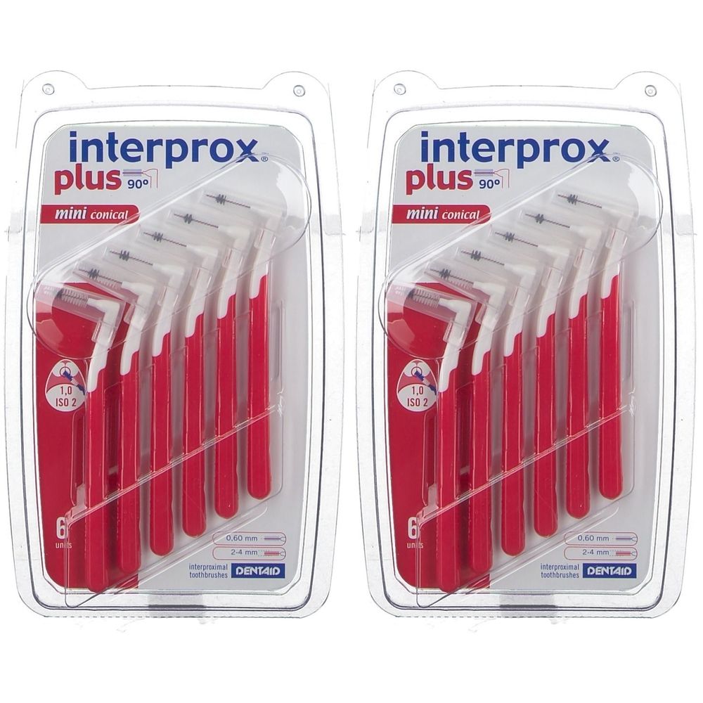 Zwei Packungen mit roten und weißen Interdentalbürsten. Aufschrift: interprox plus mini conical, 1,0 mm, ISO 2.