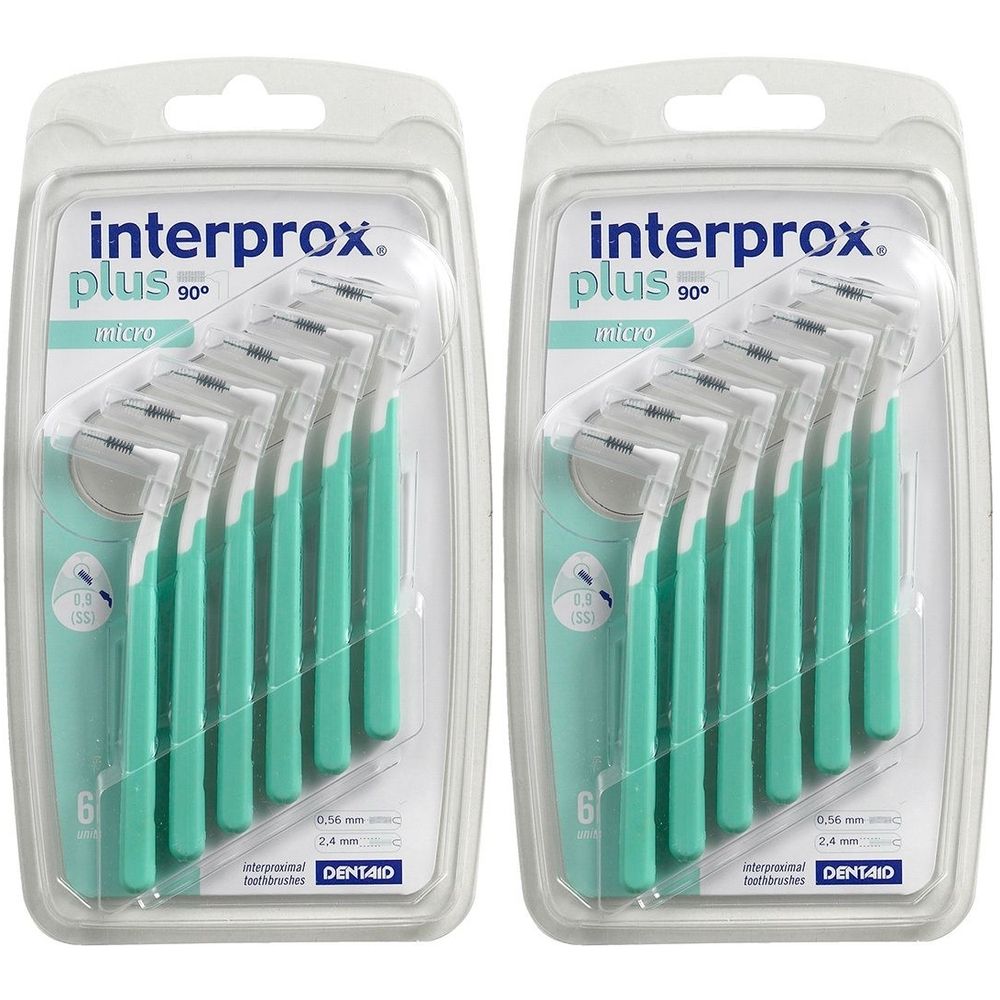 Zwei Blisterpackungen mit interprox® plus micro 1,1 mm. Jede Packung enthält 6 Zahnbürsten mit grünem Griff.