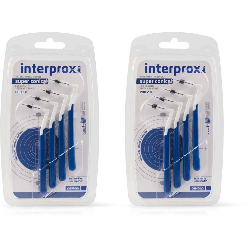 Zwei Blisterpackungen mit Interdentalbürsten. Jede Packung enthält mehrere Bürsten mit blauen Griffen und weißen Borsten. Verpackung mit Produktnamen.