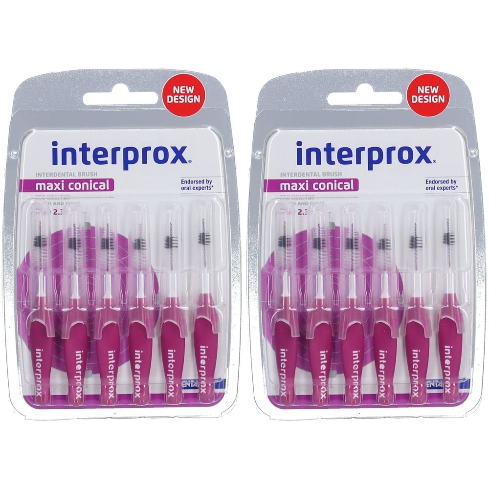 Zwei Blisterpackungen mit Interdentalbürsten. Jede Packung enthält mehrere Bürsten mit rosa Griffen und transparenten Borsten. Aufschrift: interprox.
