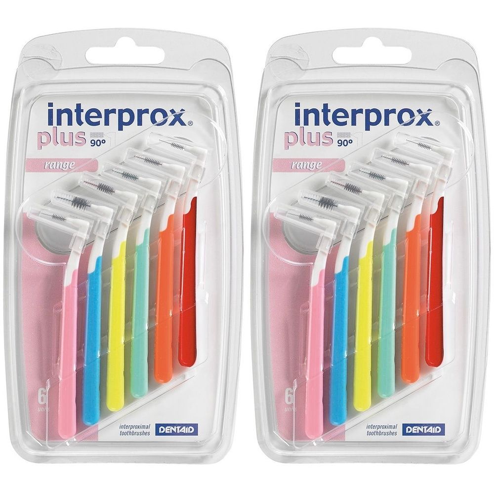 Zwei Packungen mit Interdentalbürsten. Jede Packung enthält sechs Bürsten in verschiedenen Farben. Verpackt in Blister.