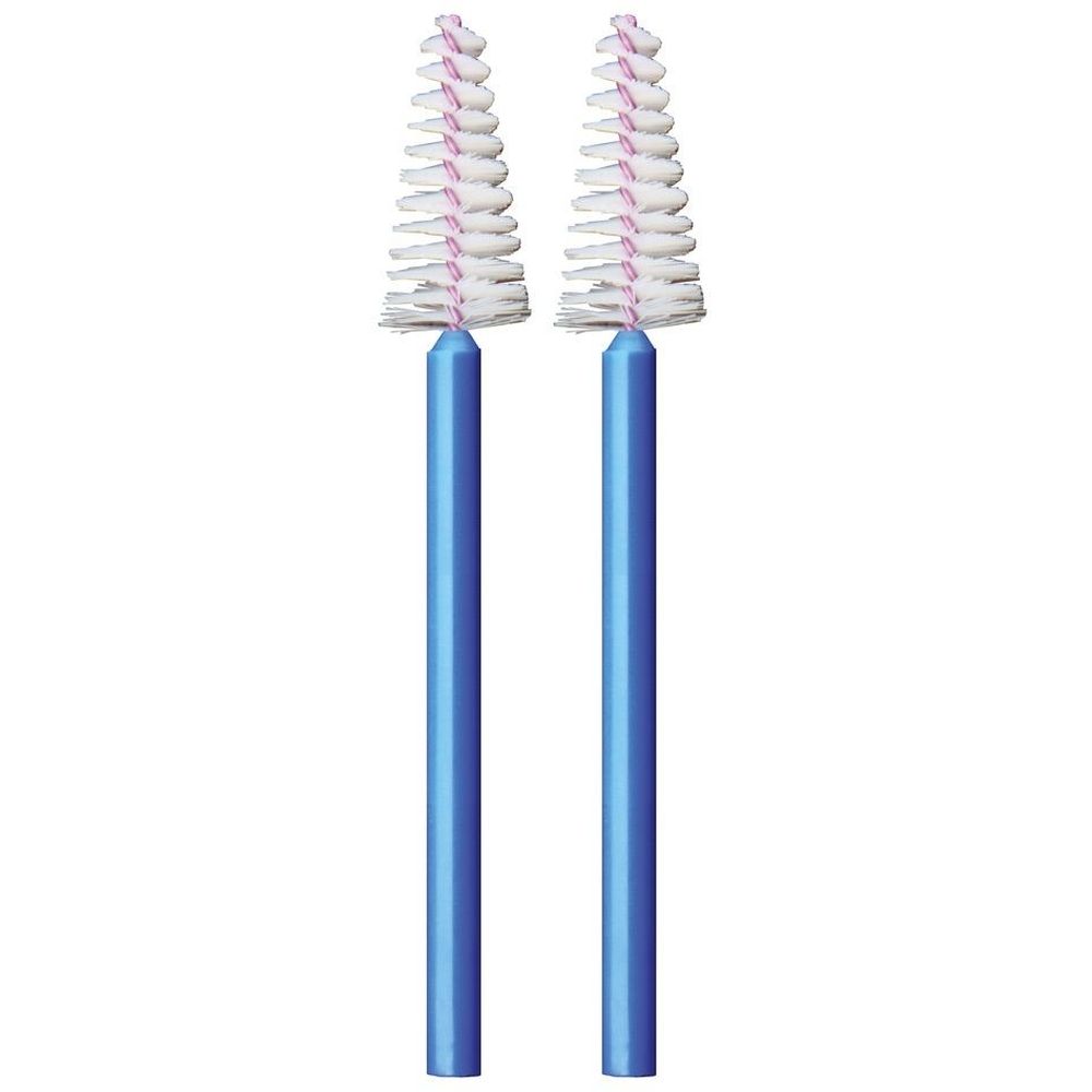 Zwei blaue Interdentalbürsten mit weißen Borsten und rosa Kern. Konische Form.