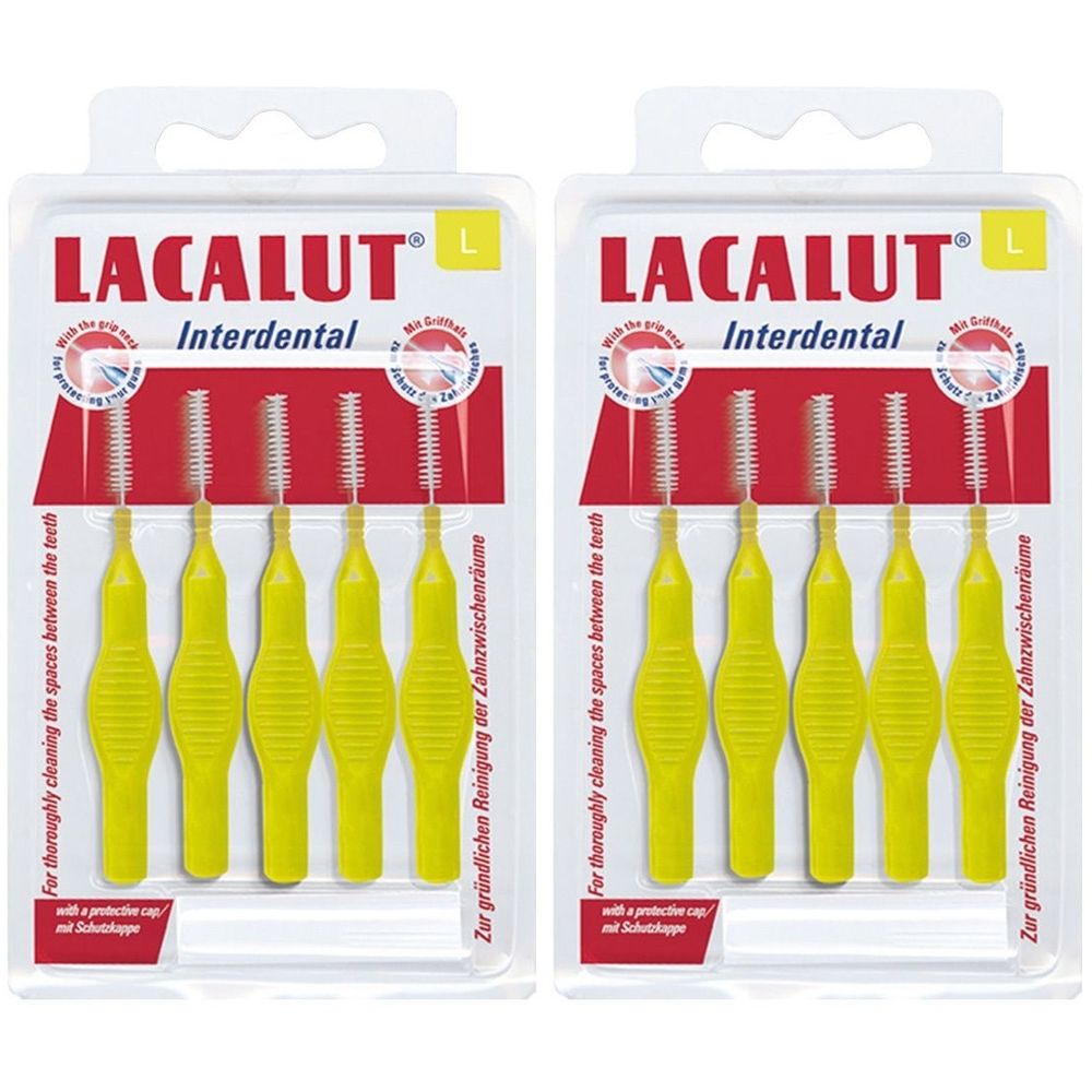 Zwei Packungen Interdentalbürsten. Gelbe Griffe, weiße Borsten. Verpackung mit Produktnamen LACALUT Interdental.
