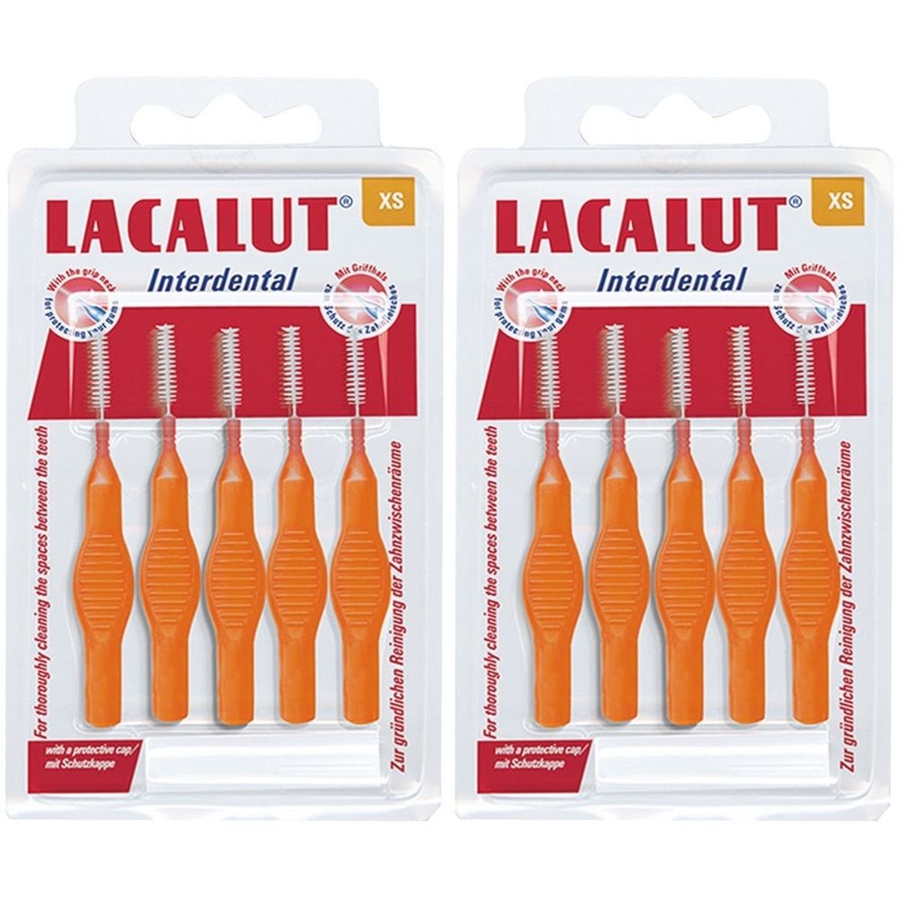 Zwei Packungen LACALUT Interdental XS. Jede Packung enthält sechs orangefarbene Bürsten mit weißen Borsten. Verpackt in Blisterverpackung.