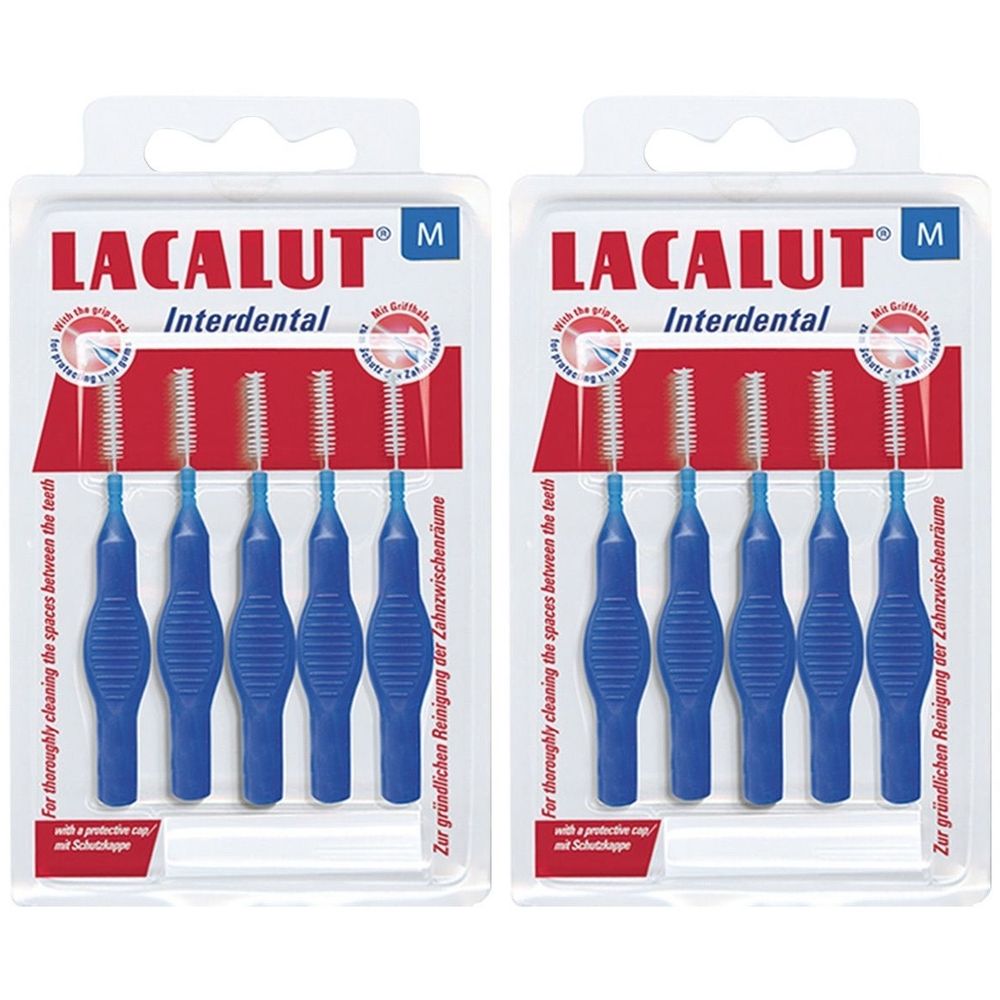 Zwei Packungen Interdentalbürsten. Blaue Griffe, weiße Borsten. Verpackung mit Produktnamen und Schriftzug.
