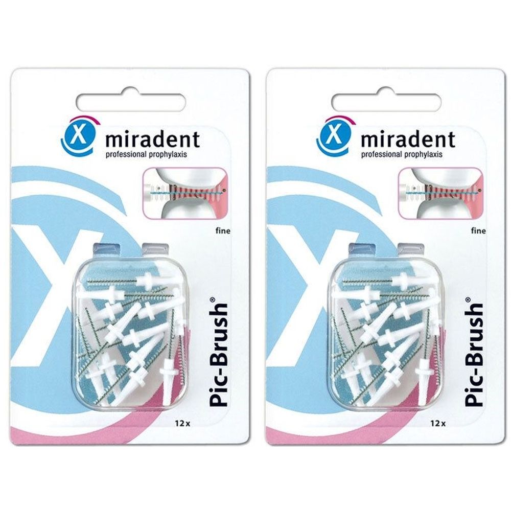 Zwei Packungen miradent Pic-Brush Interdentalbürsten. Weiße Bürsten in transparenten Behältern. Verpackung mit Logo und Produktbezeichnung.