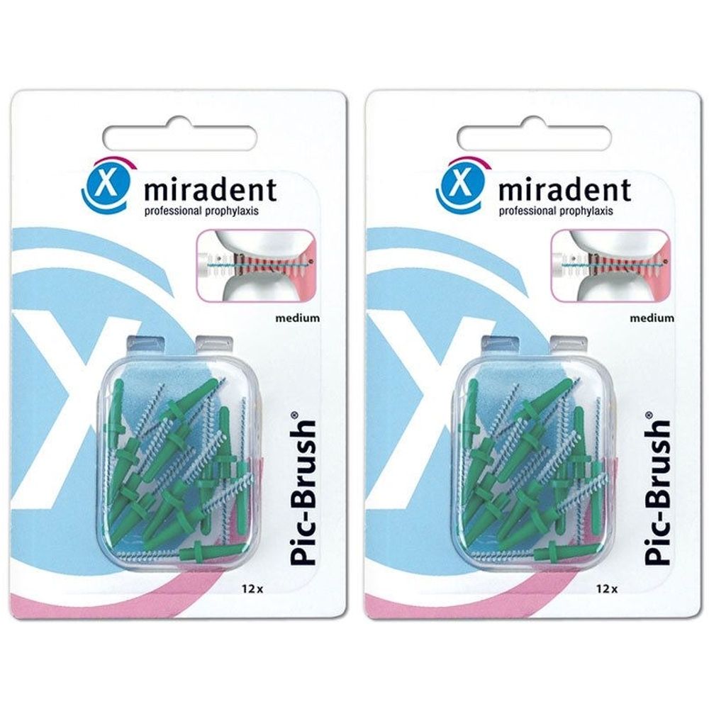 Zwei Packungen Interdentalbürsten. Grün, medium. Marke miradent, Pic-Brush. 12 Stück pro Packung.