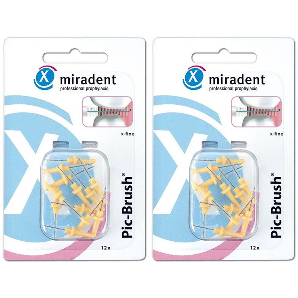 Zwei Packungen miradent Pic-Brush Interdentalbürsten. Gelbe Bürstenköpfe in Blisterverpackung. Aufschrift: x-fine.