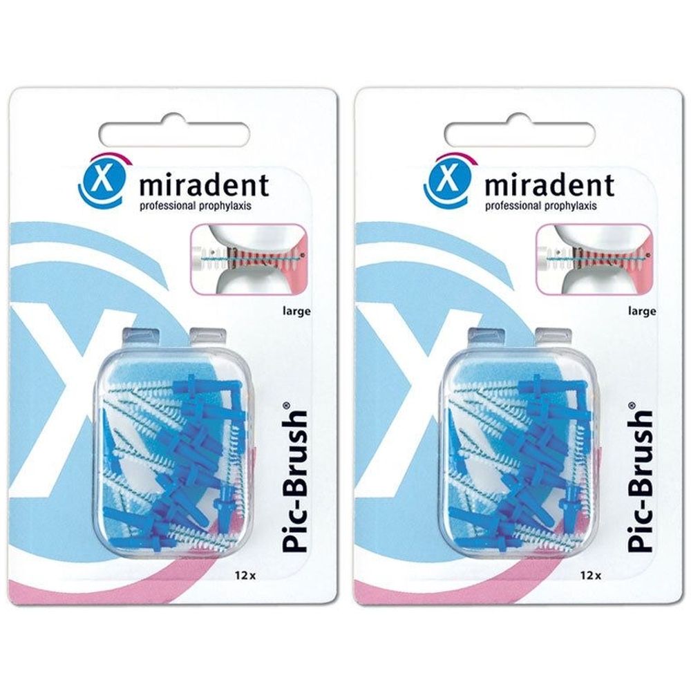 Zwei Packungen Interdentalbürsten. Blaue Borsten in transparenten Behältern. Marke: miradent, Pic-Brush, large.